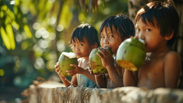 Zdjęcie dzieci ochładzają się wodą kokosową w gorący dzień na plaży