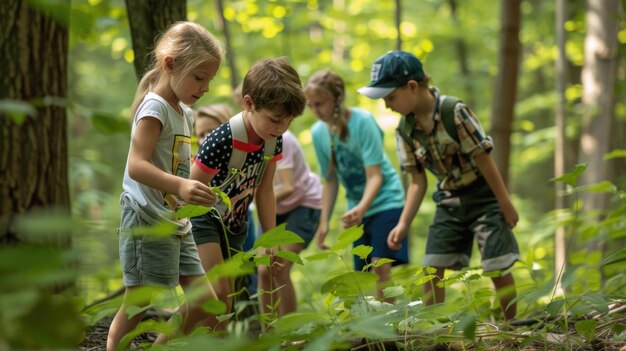 Dzieci odkrywające naturalne cuda lasu w letnim obozie