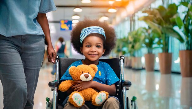 Dzieci odważnie podróżują przez korytarze szpitala z pocieszającym pluszowym niedźwiedziem