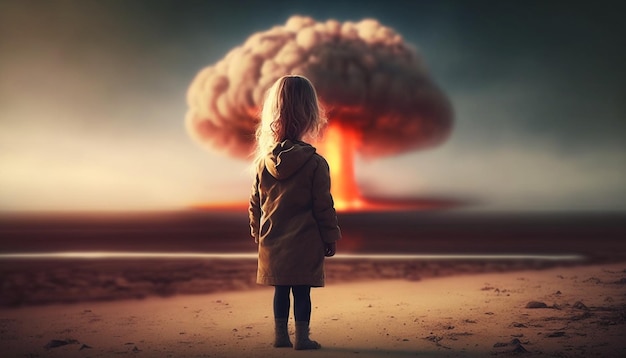 Dzieci patrzą na wybuch nuklearny plecami Generative AI
