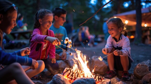 Dzieci pieczą marshmallows nad ogniem w obozie letnim