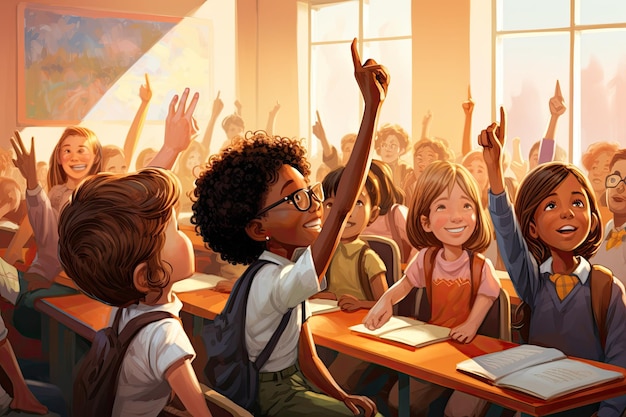 Dzieci podnoszą ręce w klasie.