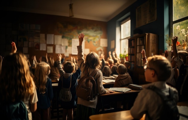 dzieci podnoszące ręce w dniu szkolnym