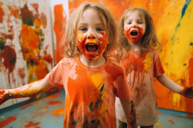 Dzieci pomalowane farbami w szkole sztuki malują obrazy
