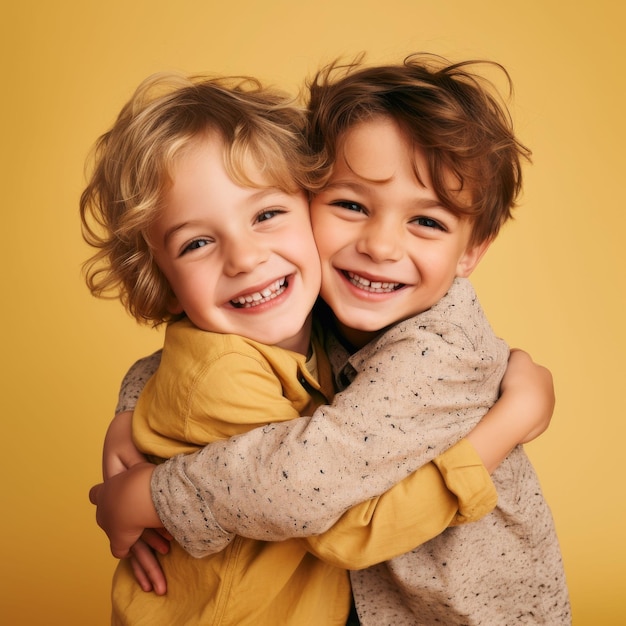 Dzieci Przytulanie Z żółtym Tłem