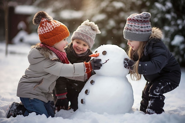 Zdjęcie dzieci robią śnieżków na podwórku razem na boże narodzenie.