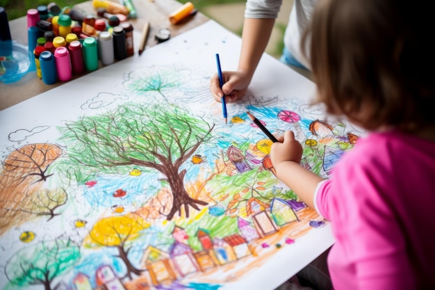 Dzieci rysują kolorowe domy i drzewa