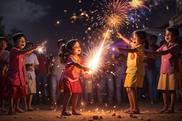 dzieci strzelające petardami podczas obchodów Diwali Fajerwerki Diwali Obrazy Diwali