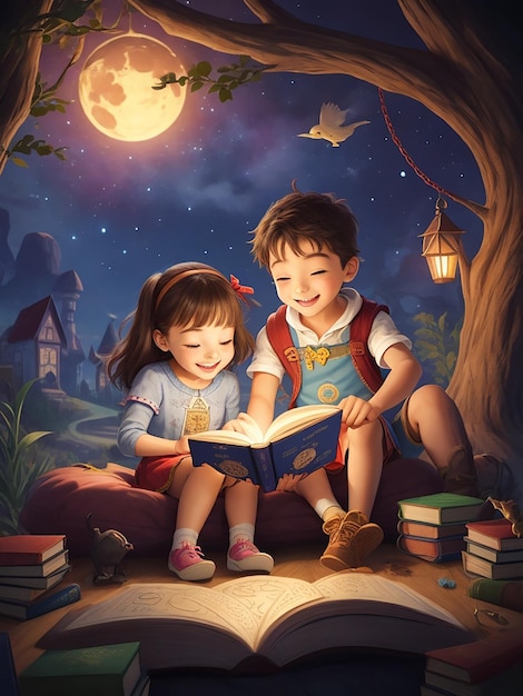Zdjęcie dzieci szczęśliwie czytają książki opowieści z magiczną przygodą