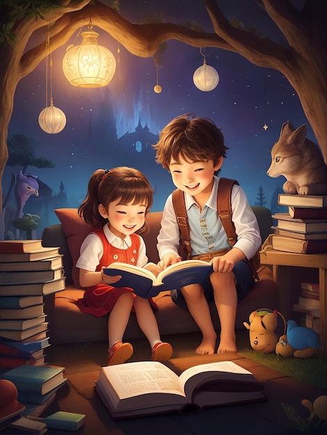 Dzieci szczęśliwie czytają książki opowieści z magiczną przygodą