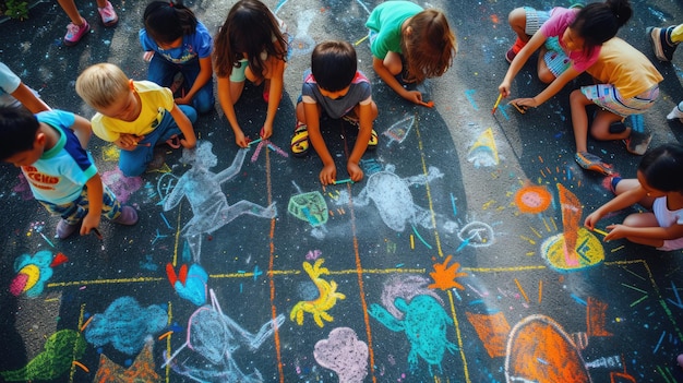 Dzieci szczęśliwie rysują kredą podczas zabawnego wydarzenia rekreacyjnego