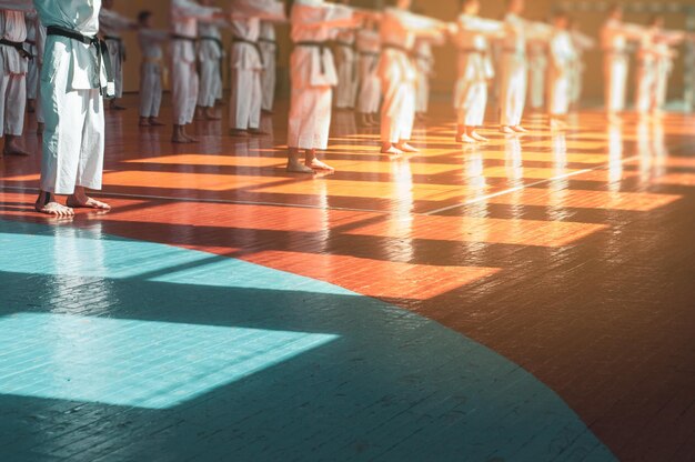 Dzieci trenujące karatedo Młodzi sportowcy w tradycyjnie białych kimonach z kolorowymi paskami Baner z miejscem na tekst Styl retro Do stron internetowych lub nadruków reklamowych Zdjęcie bez twarzy