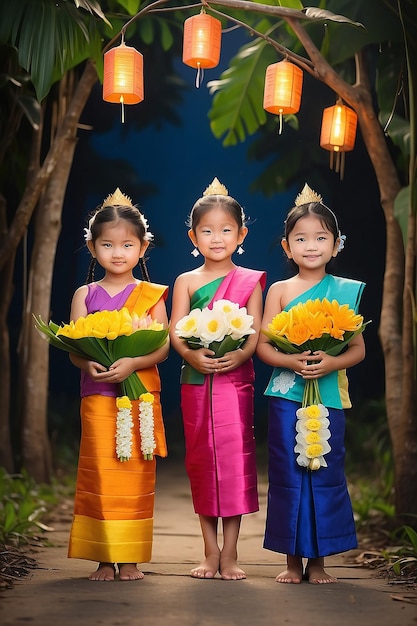 Zdjęcie dzieci trzymają krathongs i noszą tajskie kostiumy loy kratong festival