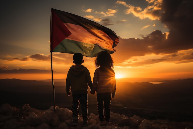 Dzieci trzymające palestyńską flagę z zachodem słońca z nadzieją na wolność