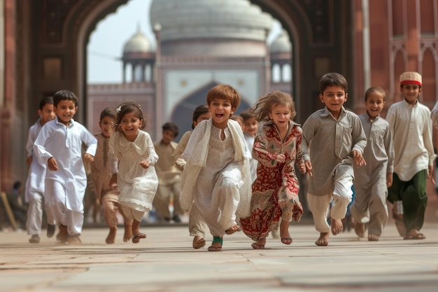 Dzieci ubrane w najlepsze ubrania podekscytowane biegną w kierunku meczetu