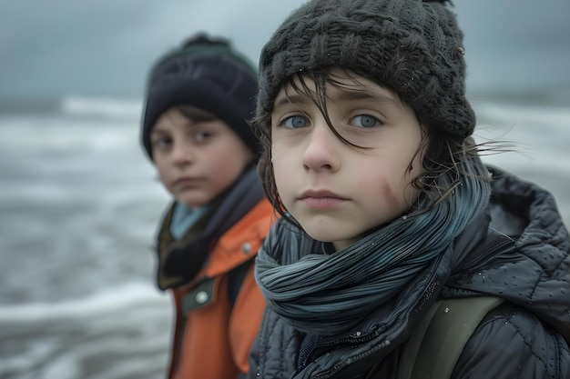 Dzieci uciekające przed wojną i zmianami klimatycznymi szukają schronienia w Europie, podkreślając rosnący kryzys humanitarny Koncepcja Kryzys uchodźczy Pomoc humanitarna Migracja europejska Globalne przesiedlenie