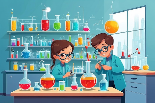 Dzieci uczą się chemii w laboratorium Ilustracja wektorowa Projekt płaski