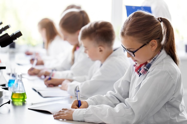 Dzieci uczące się chemii w szkolnym laboratorium