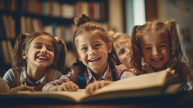 Dzieci uczące się w klasie, uczące się i siedzące przy biurku, młode, urocze dzieci uśmiechające się.