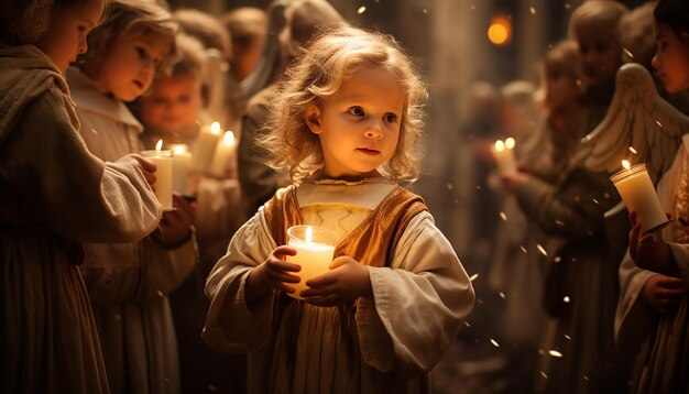 Zdjęcie dzieci uczestniczące w paradzie candlemas day przebrane za aniołów i trzymające świece