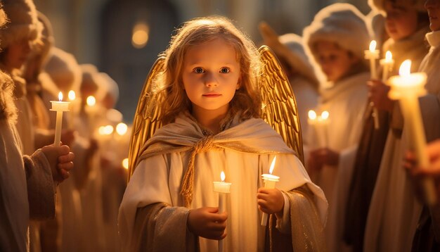 Zdjęcie dzieci uczestniczące w paradzie candlemas day przebrane za aniołów i trzymające świece