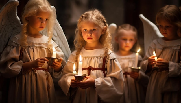 Zdjęcie dzieci uczestniczące w paradzie candlemas day przebrane za aniołów i trzymające świece
