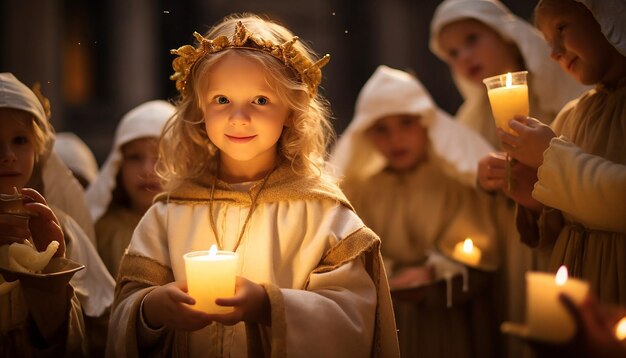 Zdjęcie dzieci uczestniczące w paradzie candlemas day przebrane za aniołów i trzymające świece