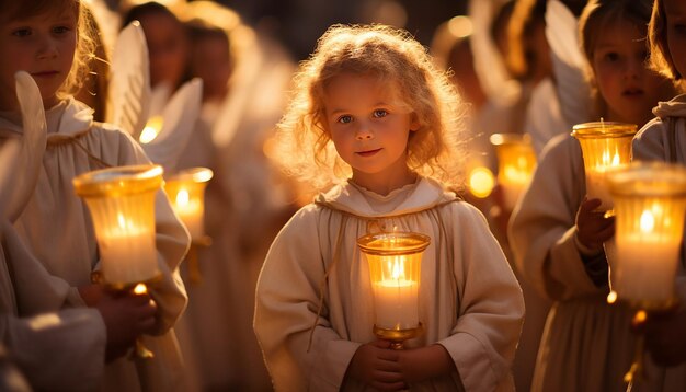 dzieci uczestniczące w paradzie Candlemas Day przebrane za aniołów i trzymające świece