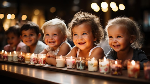 Dzieci uwalniają zabawę wokół stołu z ciastami