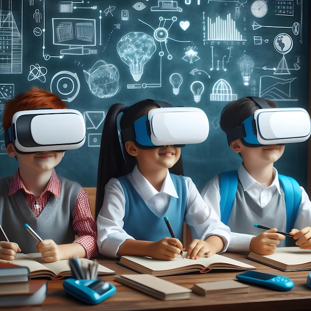 Dzieci używające okularów wirtualnej rzeczywistości do studiowania projektu edukacyjnego w szkole