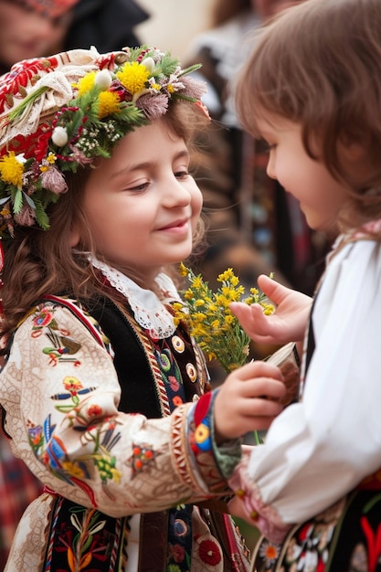 dzieci w tradycyjnych rumuńskich kostiumach dające sobie nawzajem Martisor