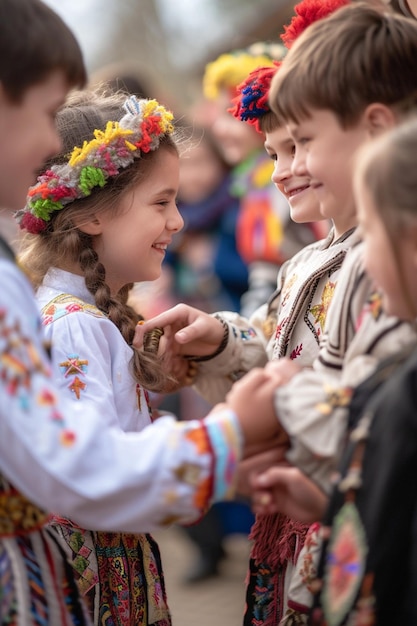 dzieci w tradycyjnych rumuńskich kostiumach dające sobie nawzajem Martisor