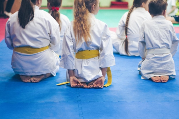 Dzieci w treningu karate Postacie w białym kimano na kolorowym tle tatami Copyspace