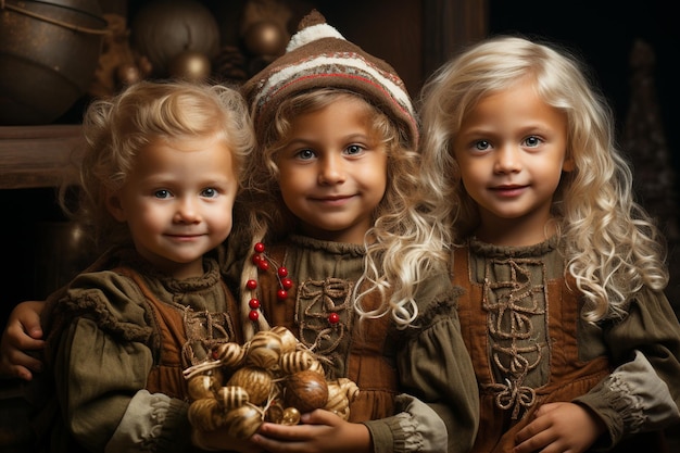 Dzieci w Wigilię Bożego Narodzenia dziewczyny trzymające bombki w ręku kartkę z życzeniami sezon zimowy