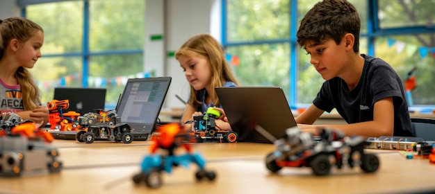 Dzieci współpracujące nad projektem robotycznym w nowoczesnej klasie dla nauczania edukacji STEM
