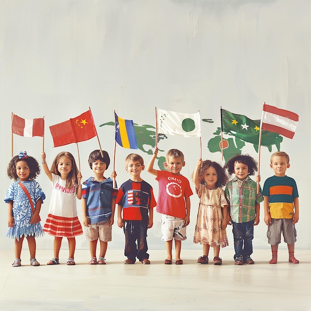 Dzieci z flagą swojego kraju świętują Dzień Dziecka