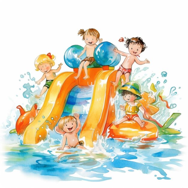 Zdjęcie dzieci z kreskówek bawiące się w zjeżdżalni wodnej w basenie generatywne ai
