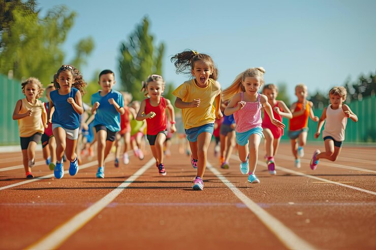 Zdjęcie dzieci z radością biegną na torze sportowym