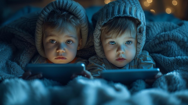 Dzieci z tabletkami pod kocami w ciemności Bracia używający tabletów