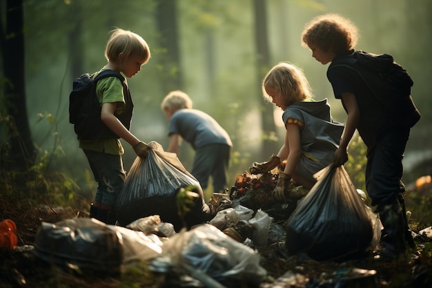Zdjęcie dzieci zbierają śmieci w parku.