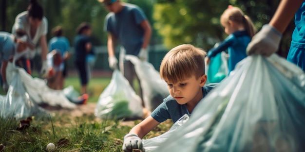 Dzieci zbierające śmieci w parku na generatywną sztuczną inteligencję Dnia Ziemi