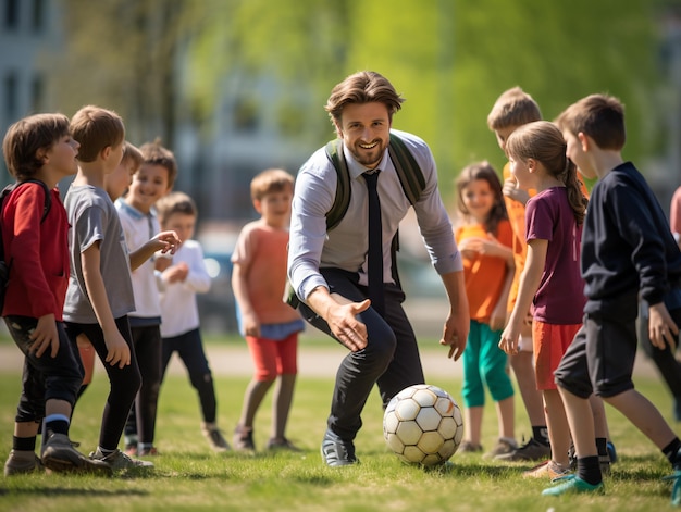 Zdjęcie dzieci ze szkoły podstawowej i nauczyciel siedzą z piłką na boisku