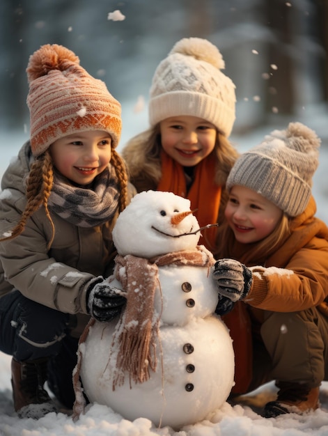 Zdjęcie dzieci zimowe wakacje czas w zimie beztroskie dzieciństwo szczęśliwy czas zabawę w śniegu sanki rzeźbienie śnieżnika bawiąc się w przyrodzie radość i zabawa dzieci spędzają czas razem