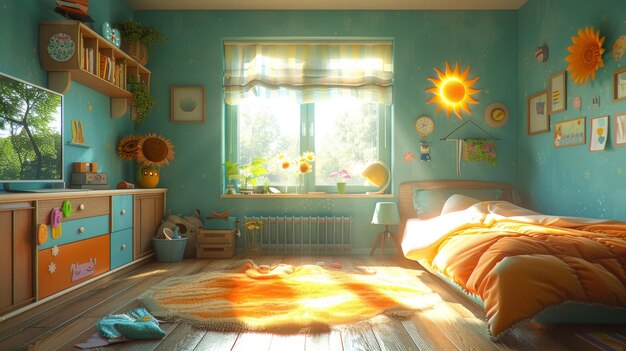 Dzieci39s Room Mały kąt z światłem słonecznym na podłodze Gra wideo39s Digital CG Artwork Concept Illustration Cartoon Style Background