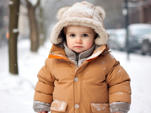 Zdjęcie dzieciak cieszy się spokojnym spacerem w zimowy dzień