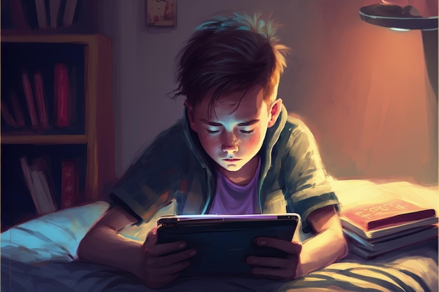 Dzieciak czytający tablet w sypialni z tajemniczą obecnością pod łóżkiem Koncepcja fantasy Malarstwo ilustracyjne Generatywna sztuczna inteligencja