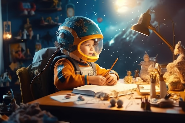 Dzieciak w kasku skafandra siedzący przy biurku studiujący astrologię nad chmurami piękny Generative AI AIG32