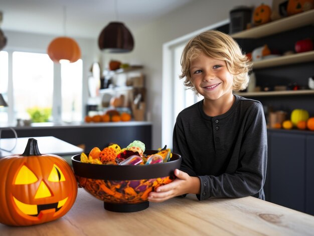 Dzieciak w kostiumie na Halloween trzymający miskę cukierków z psotnym uśmiechem
