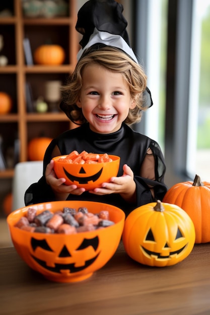 Dzieciak w kostiumie na Halloween trzymający miskę cukierków z psotnym uśmiechem