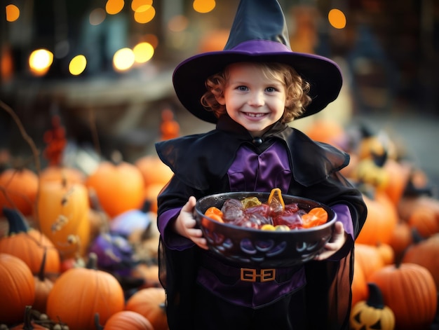 Dzieciak w kostiumie na Halloween trzymający miskę cukierków z psotnym uśmiechem